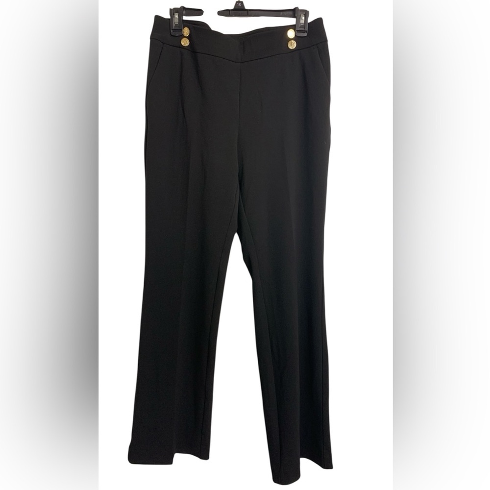 Anne Klein M Classic Pull-on Business Casual Black Pants Gold Button Accents